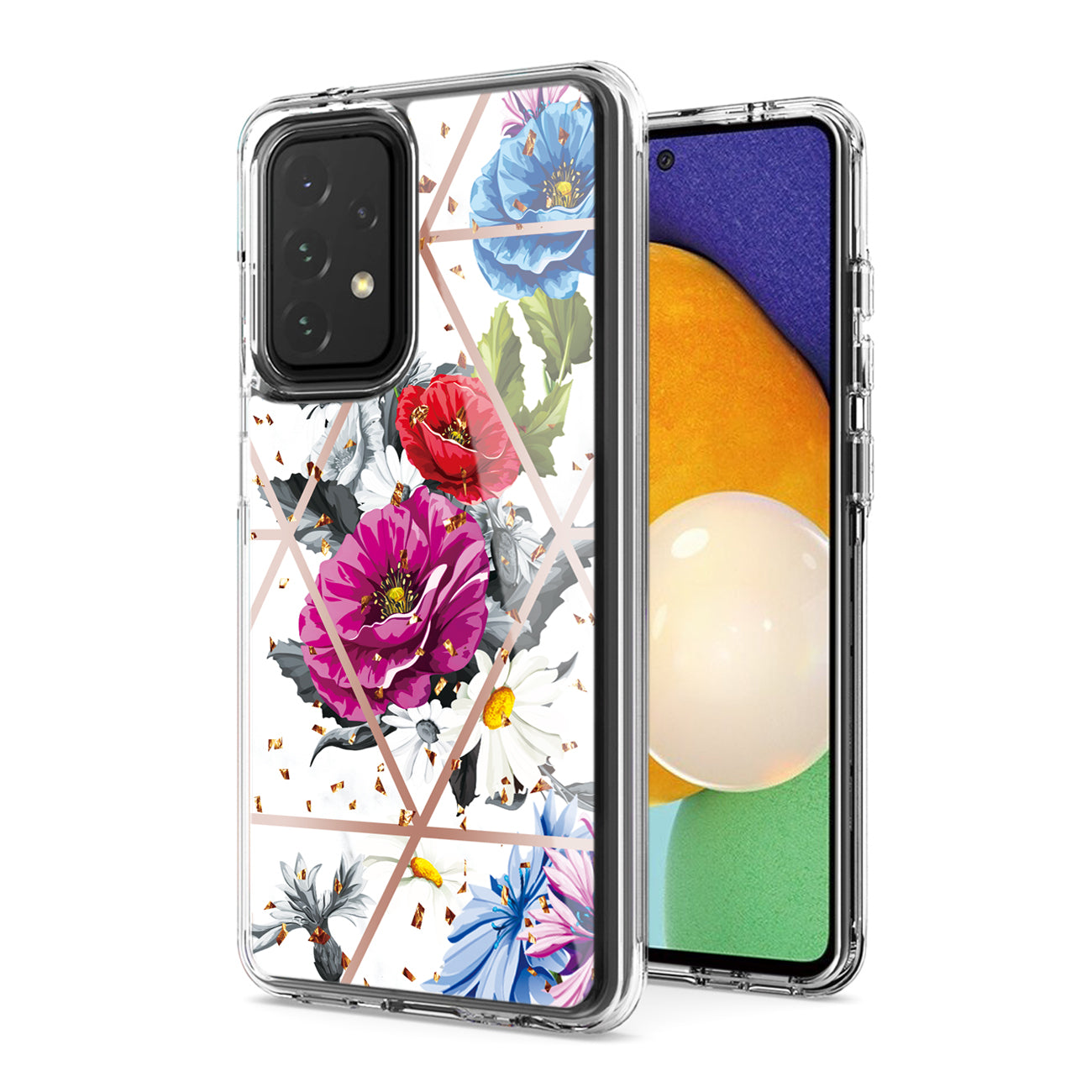 Flower Design Pattern Printing Dual Layer Hybrid Hard Plastic and Soft TPU Rubber Case Cover for Samsung Galaxy A52 5G in Blue Base flower
