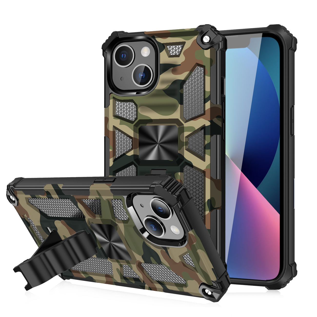 Built-in Kickstand TPU Case with Magnetic Mount for iPhone 13 in Camouflage – view 2