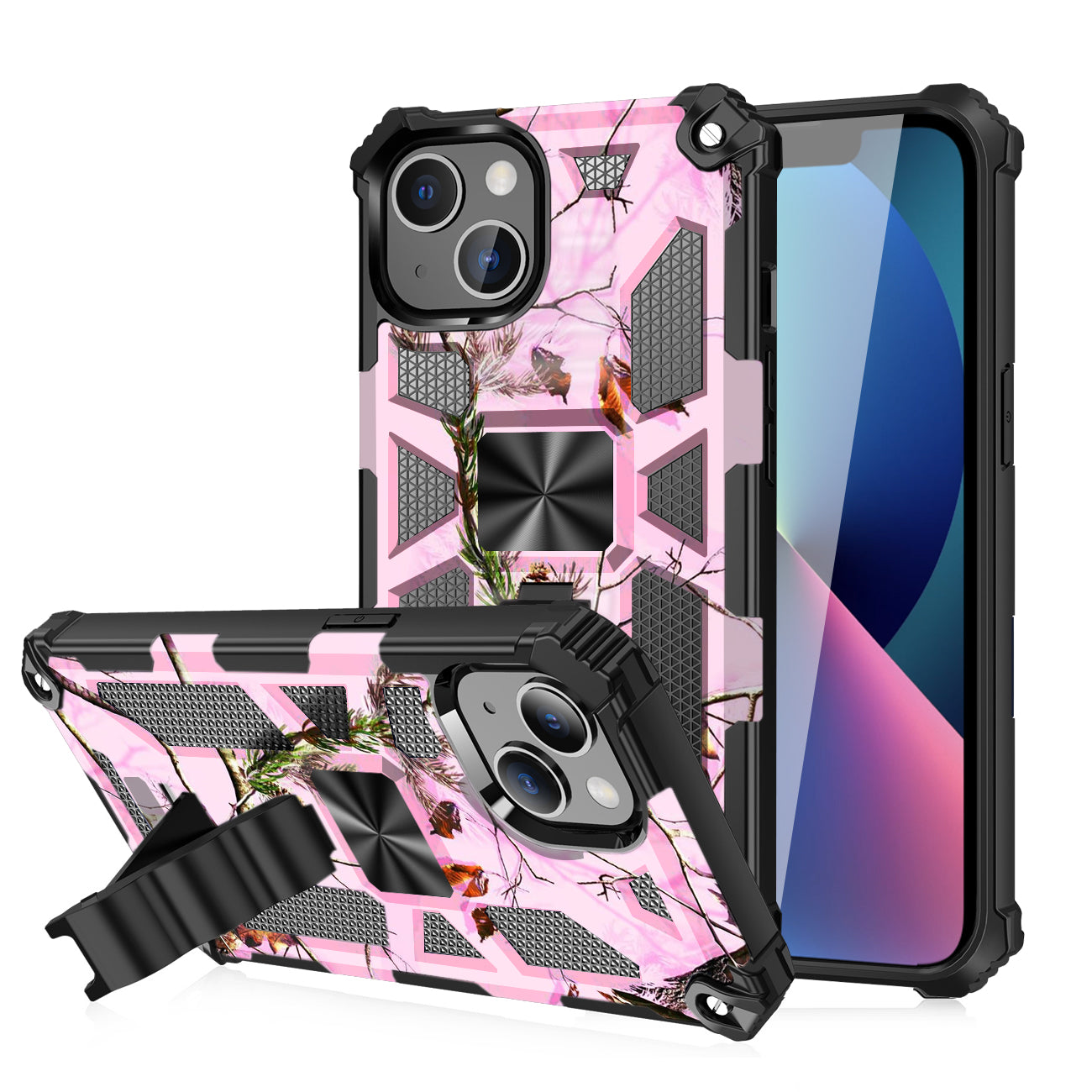 Built-in Kickstand TPU Case with Magnetic Mount for iPhone 13 in Tree leaf patterns