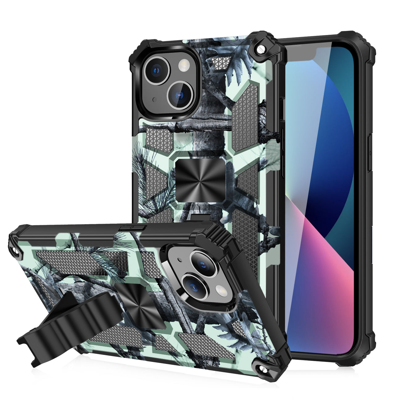 Built-in Kickstand TPU Case with Magnetic Mount for iPhone 13 in Tree leaf patterns – view 2