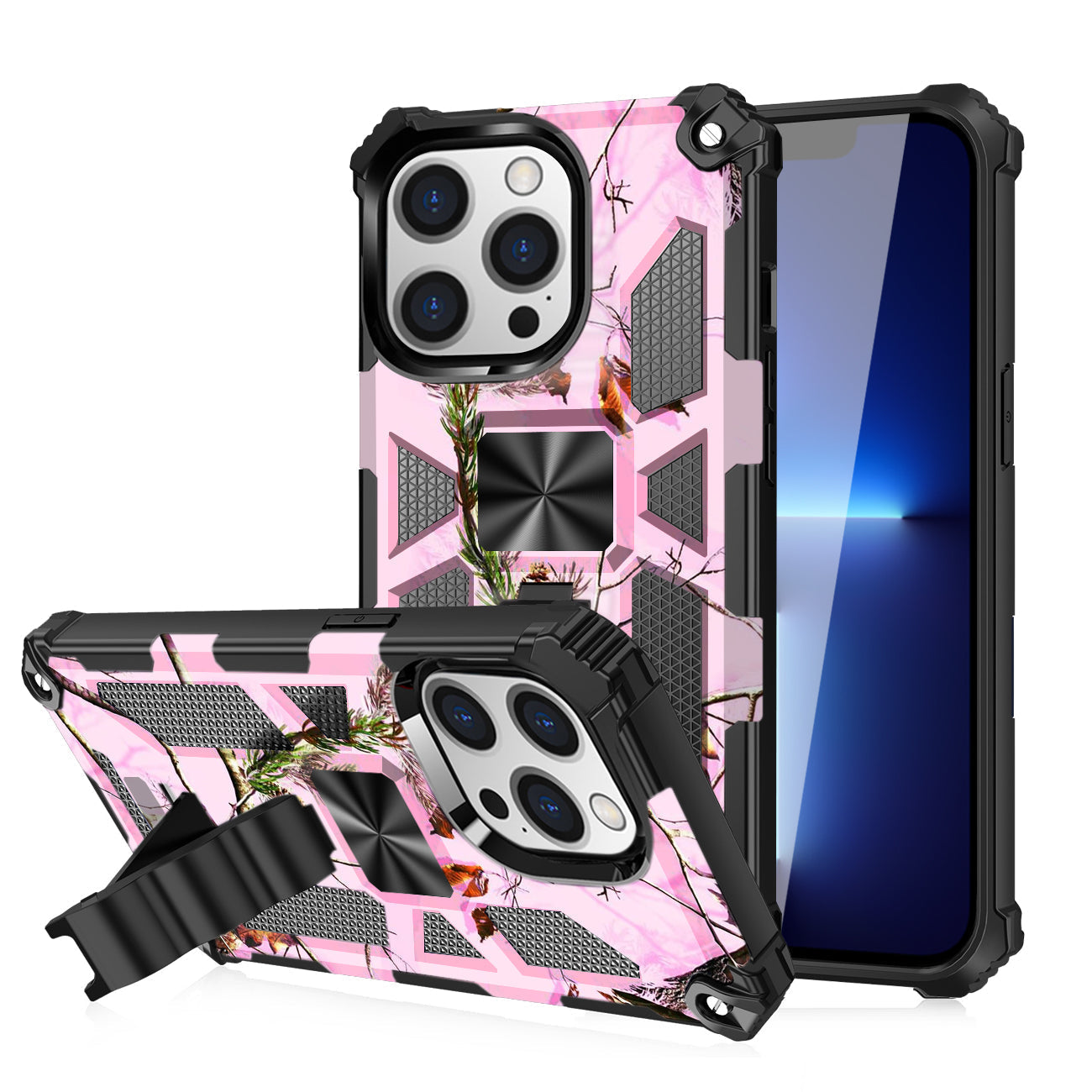 Built-in Kickstand TPU Case with Magnetic Mount for iPhone 13 Pro Max in Tree leaf patterns – view 2