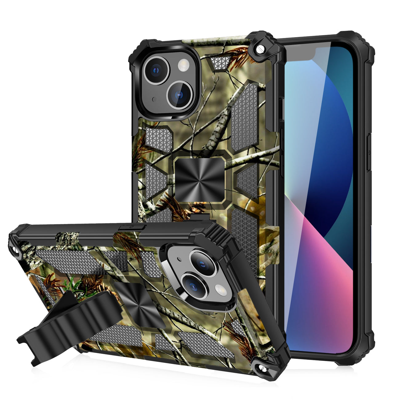 Built-in Kickstand TPU Case with Magnetic Mount for iPhone 13 MINI in Tree leaf patterns