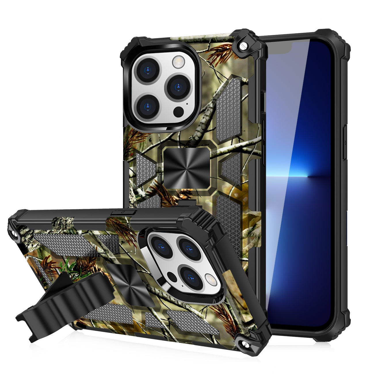 Built-in Kickstand TPU Case with Magnetic Mount for iPhone 13 Pro in Tree leaf patterns