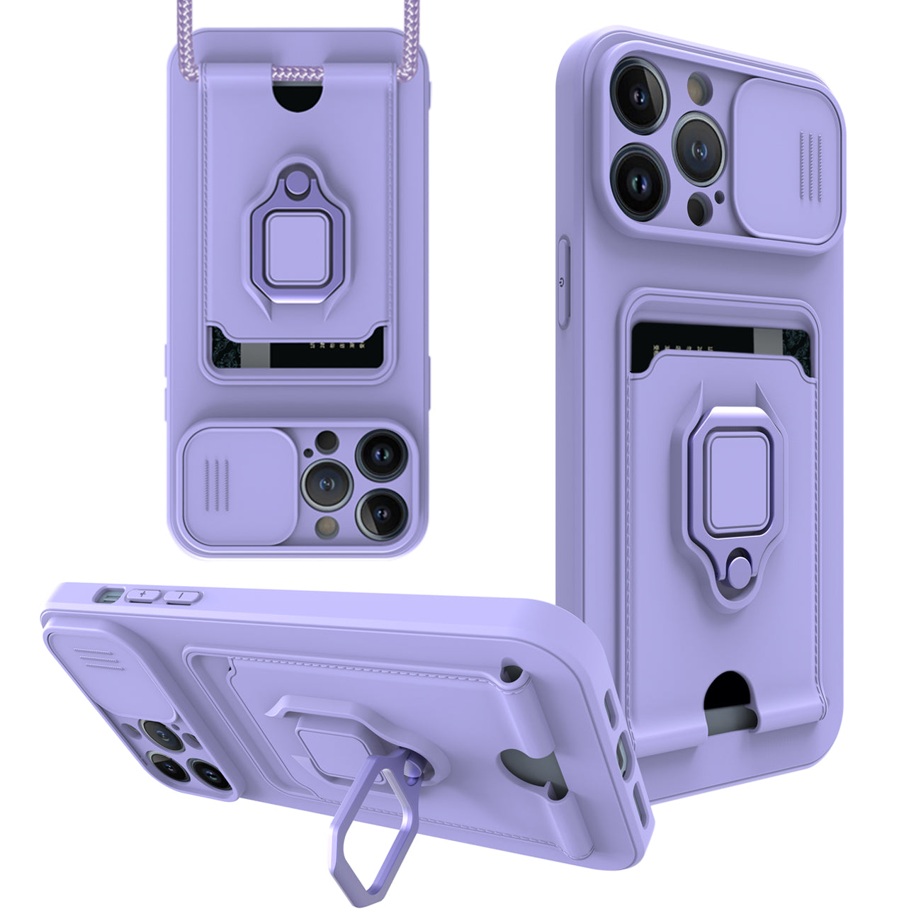 High Quality iPhone 12 Max Case with Camera cover, Kickstand, Slide lens protection, Magnetic ring stand, Crossbody strap and Card holder in Purple