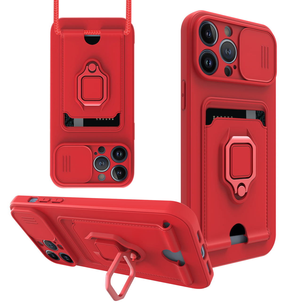 High Quality iPhone 12 Pro Case with Camera cover, Kickstand, Slide lens protection, Magnetic ring stand, Crossbody strap and Card holder in Red