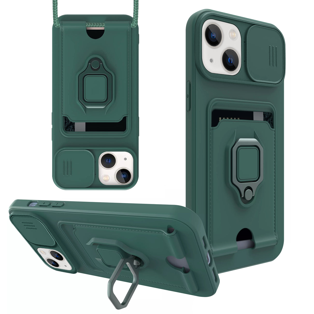 High Quality iPhone 13 Case with Camera cover, Kickstand, Slide lens protection, Magnetic ring stand, Crossbody strap and Card holder in Green – view 2