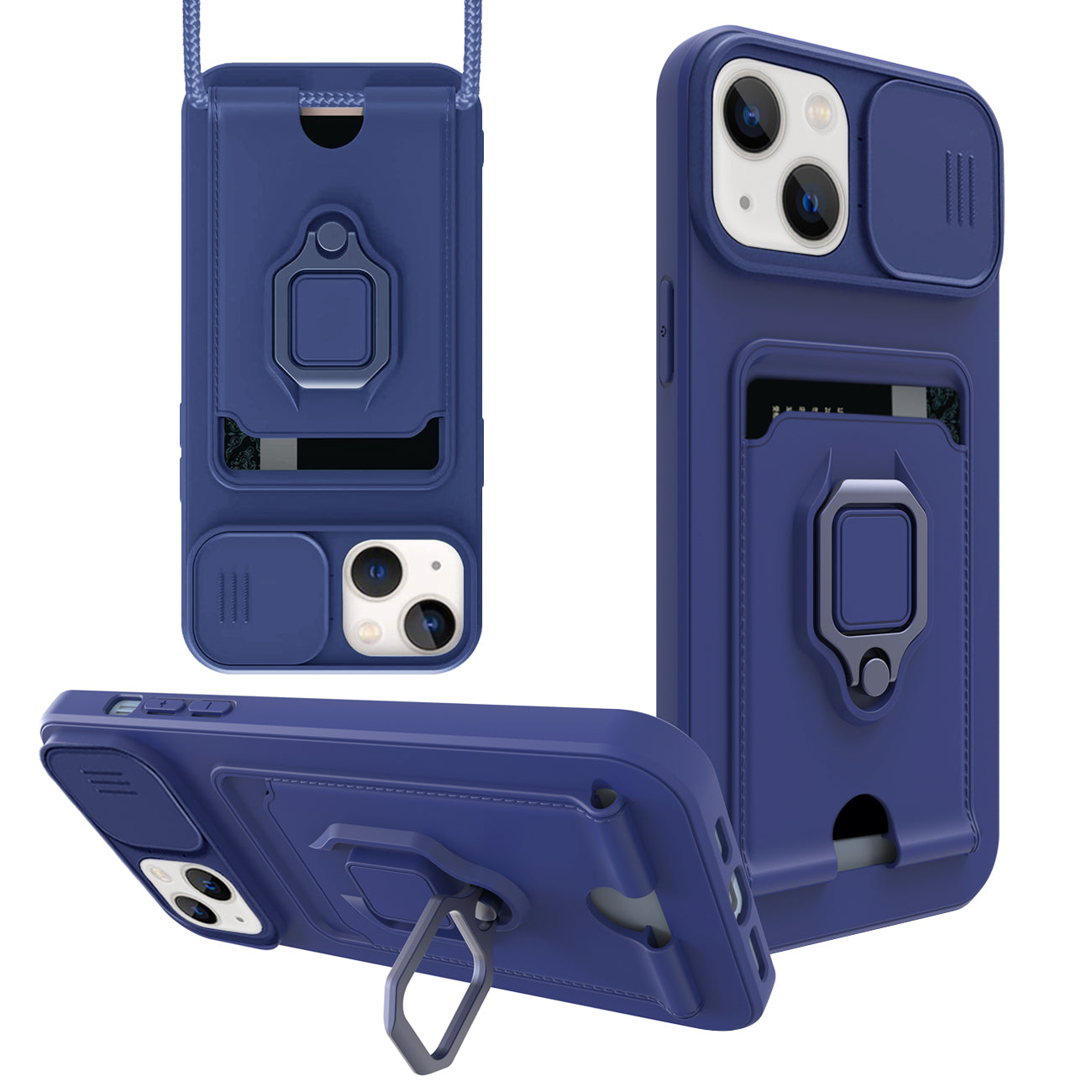 High Quality iPhone 13 Case with Camera cover, Kickstand, Slide lens protection, Magnetic ring stand, Crossbody strap and Card holder in Navy
