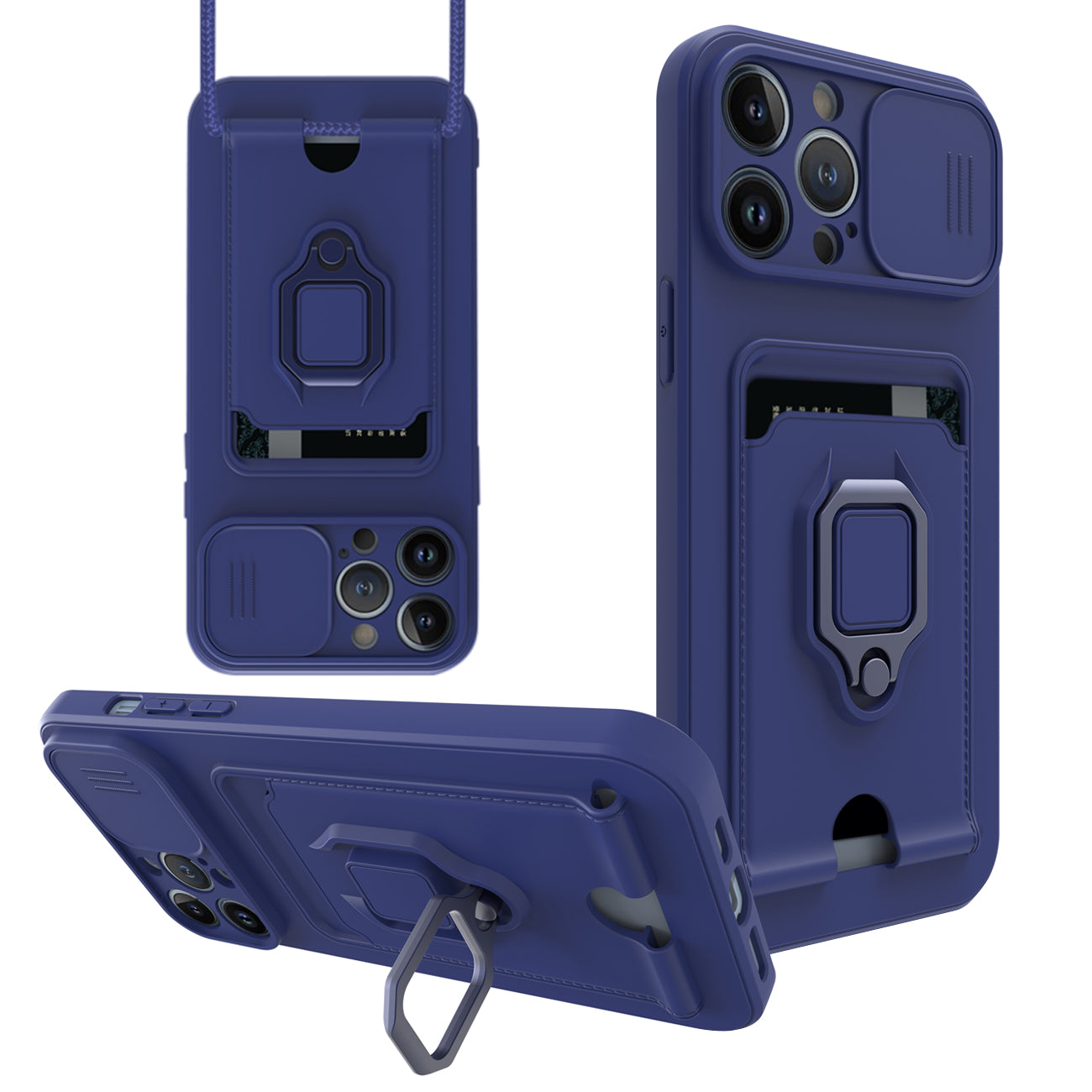 High Quality iPhone 13 Pro Case with Camera cover, Kickstand, Slide lens protection, Magnetic ring stand, Crossbody strap and Card holder in Navy – view 2