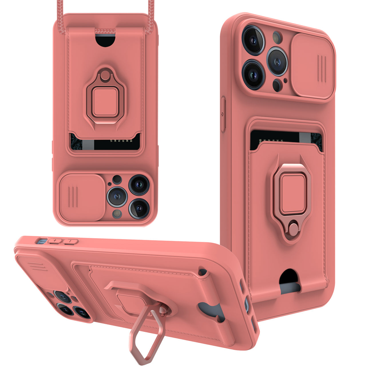 High Quality iPhone 13 Pro Case with Camera cover, Kickstand, Slide lens protection, Magnetic ring stand, Crossbody strap and Card holder in Pink – view 2