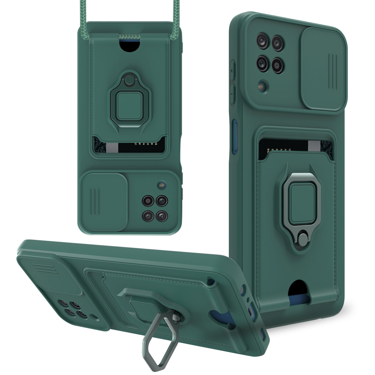 High Quality Samsung 12 5G Case with Camera cover, Kickstand, Slide lens protection, Magnetic ring stand, Crossbody strap and Card holder in Green