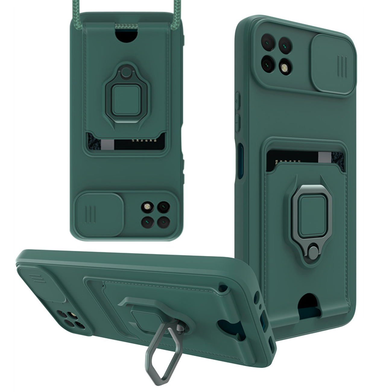 High Quality Samsung 22 5G Case with Camera cover, Kickstand, Slide lens protection, Magnetic ring stand, Crossbody strap and Card holder in Green