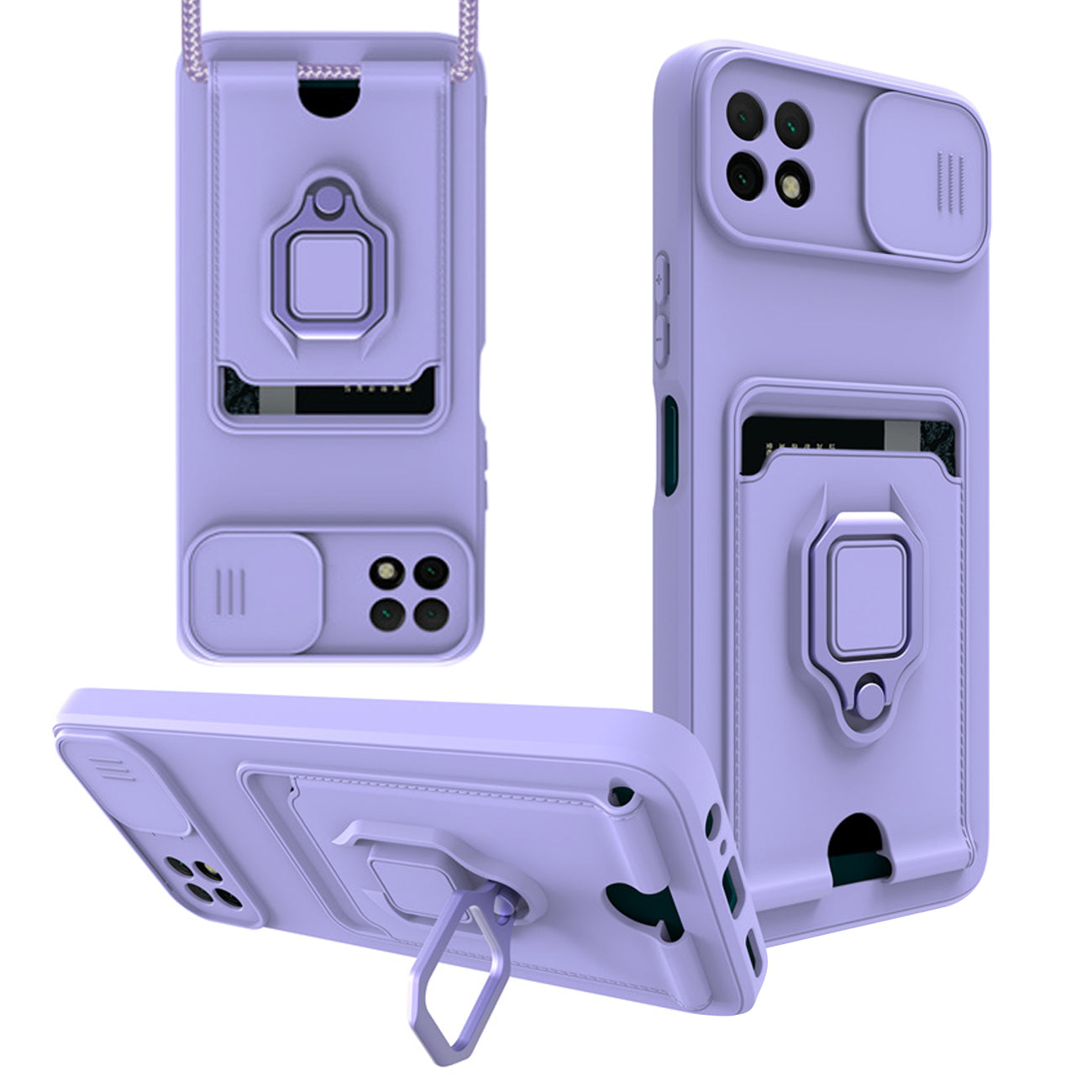 High Quality Samsung 22 5G Case with Camera cover, Kickstand, Slide lens protection, Magnetic ring stand, Crossbody strap and Card holder in Purple