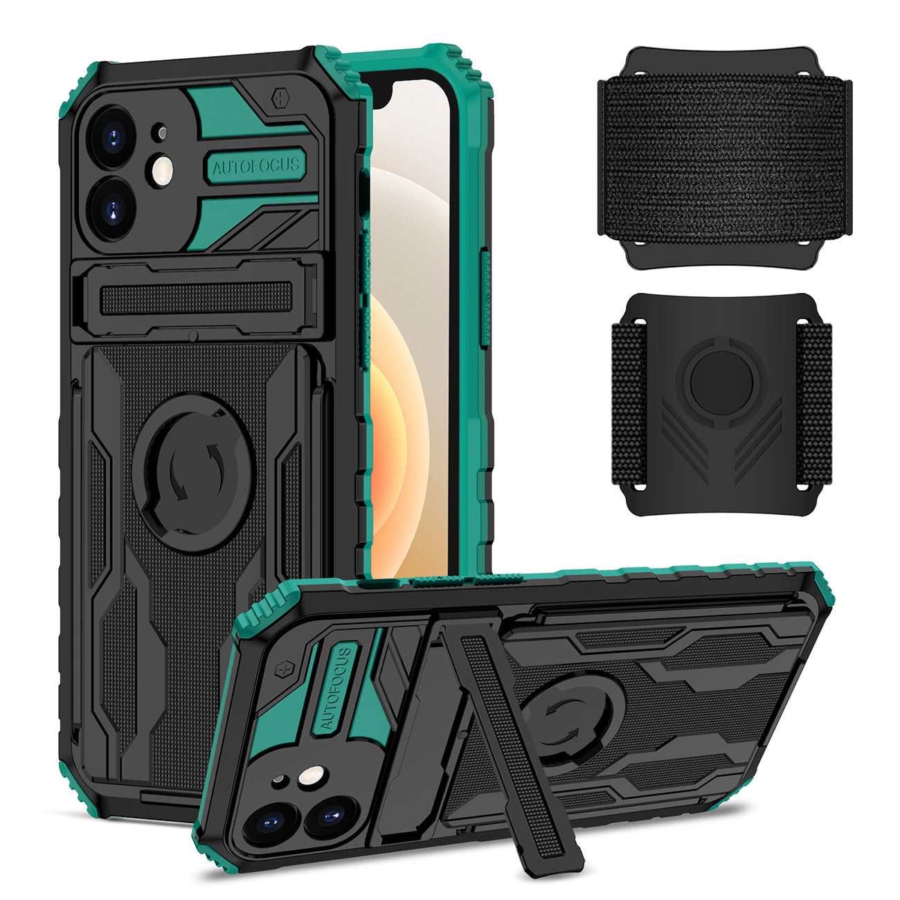 High Elastic Plastic iPhone 12 Case with Kickstand, Sports Mobile Wristband and Card Slot in Green