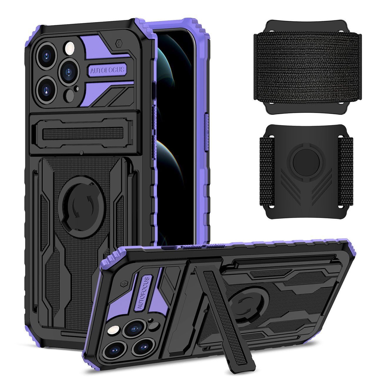 High Elastic Plastic iPhone 12 Max Case with Kickstand, Sports Mobile Wristband and Card Slot in Purple