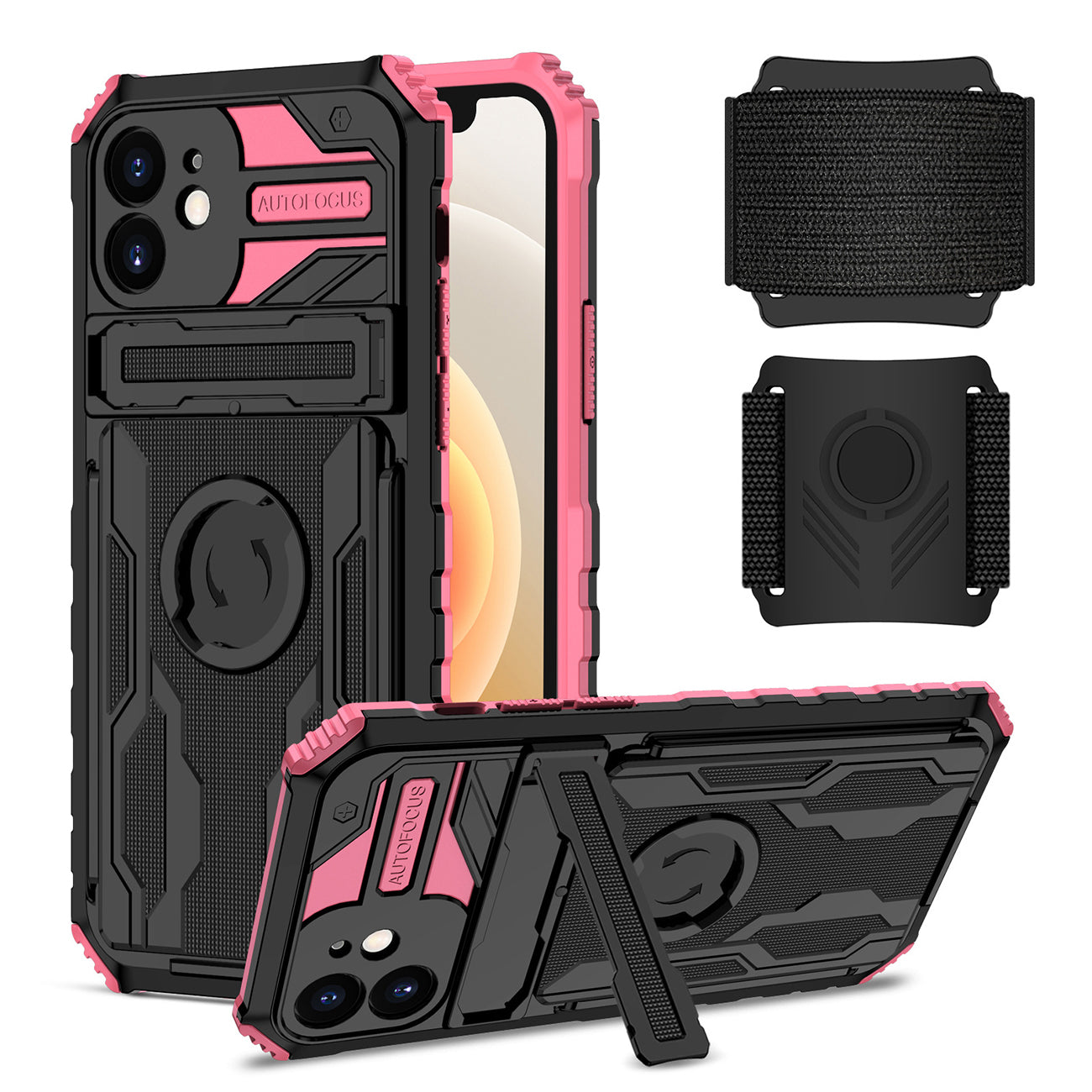 High Elastic Plastic iPhone 12 Case with Kickstand, Sports Mobile Wristband and Card Slot in Pink