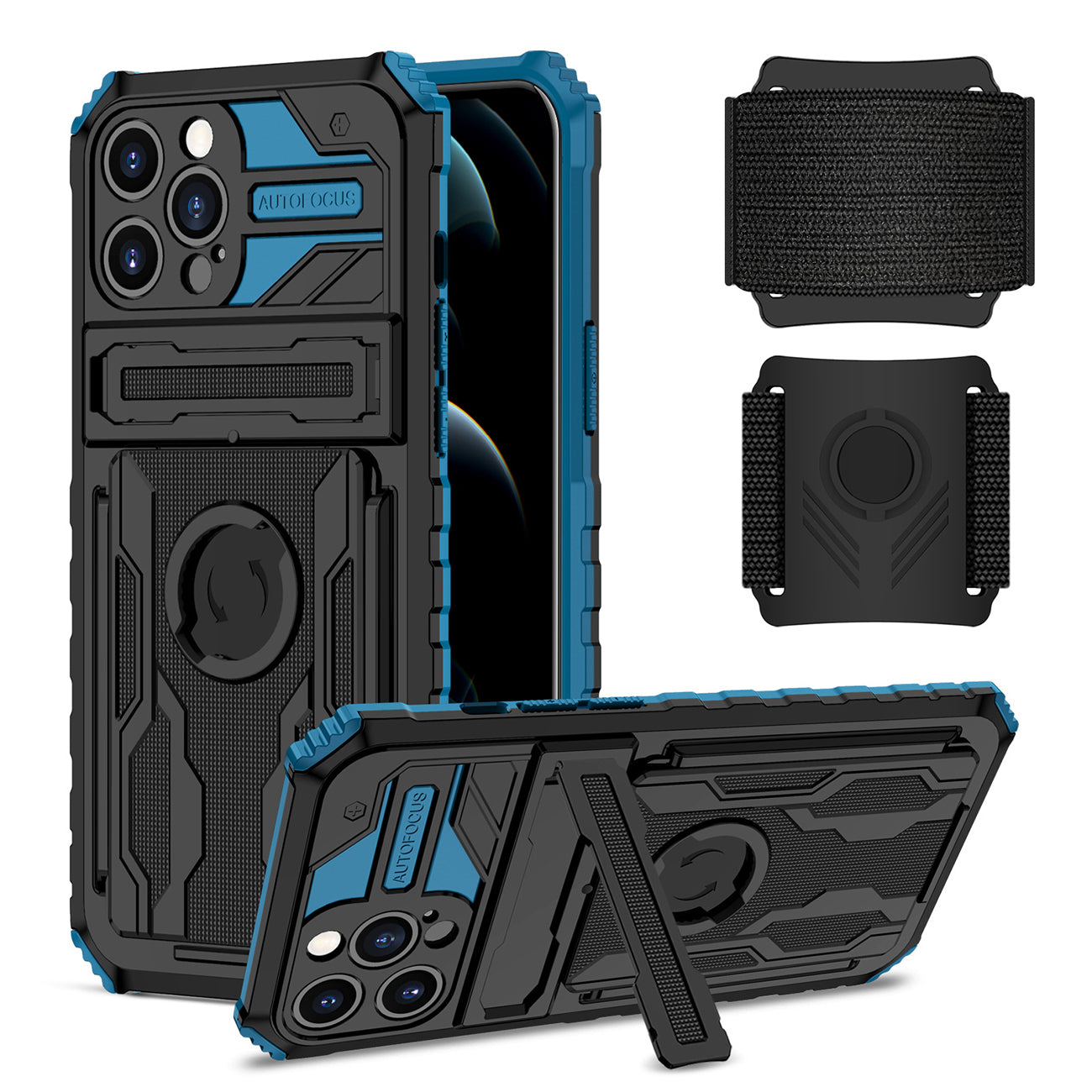 High Elastic Plastic iPhone 12 Pro Case with Kickstand, Sports Mobile Wristband and Card Slot in Blue