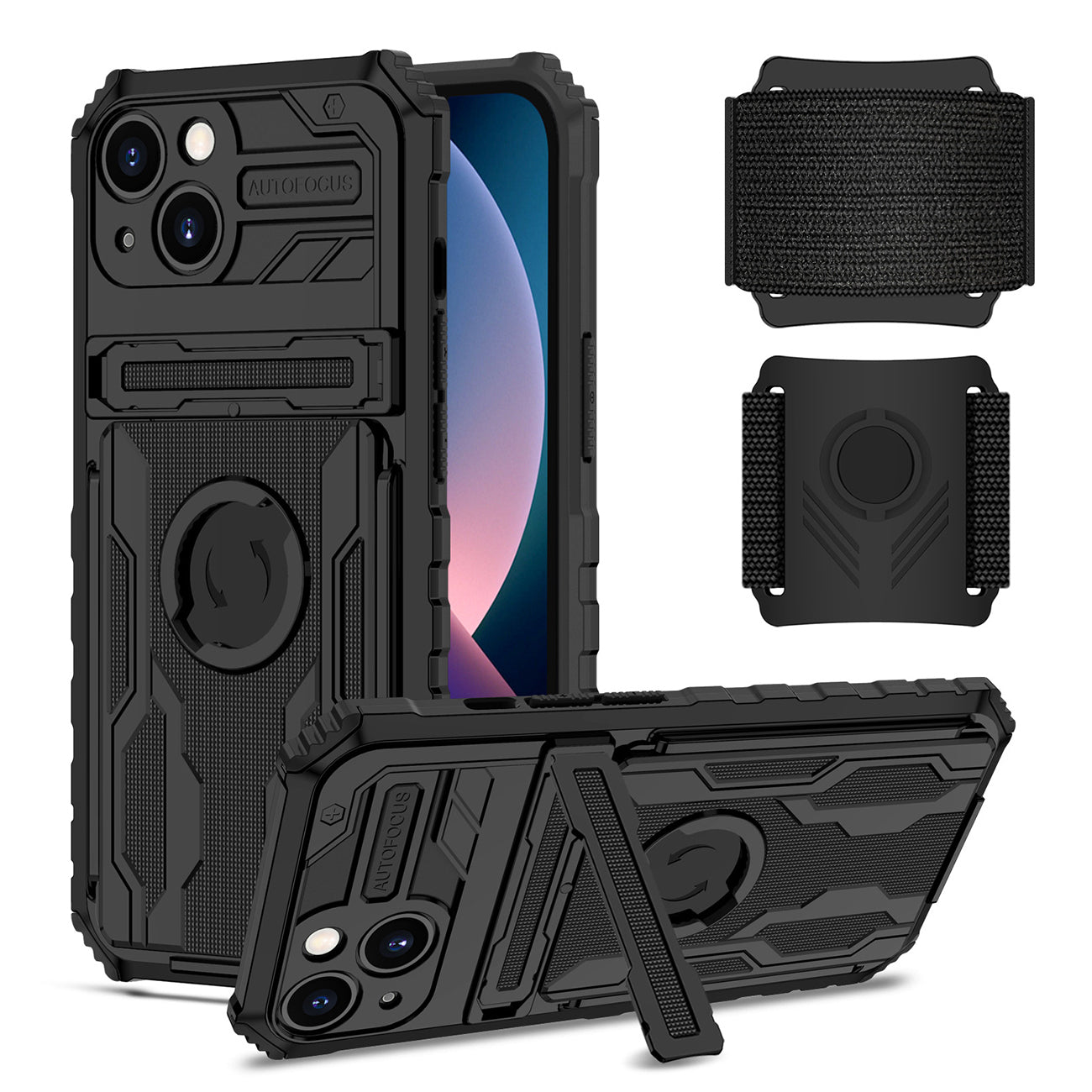 High Elastic Plastic iPhone 13 Case with Kickstand, Sports Mobile Wristband and Card Slot in Black – view 2