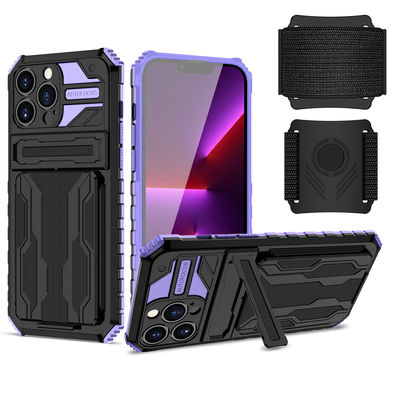 High Elastic Plastic iPhone 13 Max Case with Kickstand, Sports Mobile Wristband and Card Slot in Purple – view 2