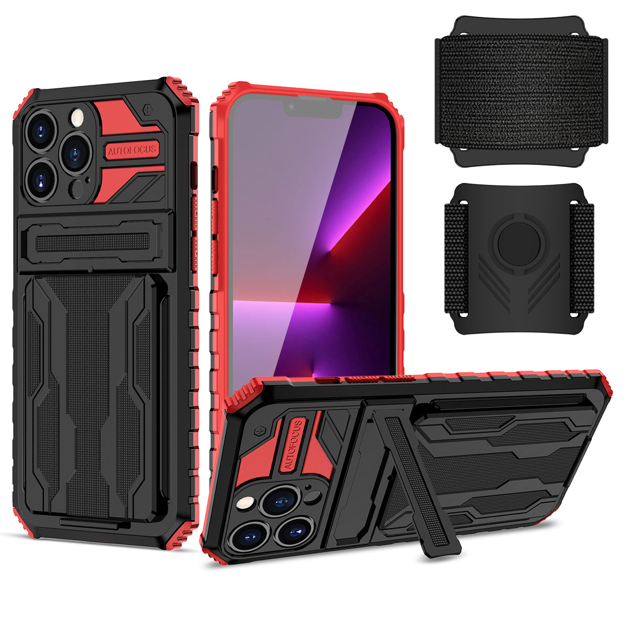 High Elastic Plastic iPhone 13 Max Case with Kickstand, Sports Mobile Wristband and Card Slot in Red