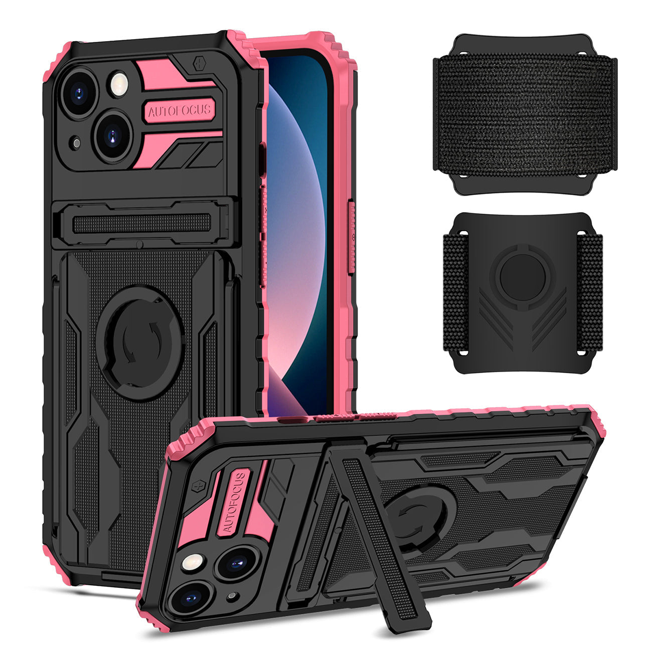 High Elastic Plastic iPhone 13 Case with Kickstand, Sports Mobile Wristband and Card Slot in Pink – view 2