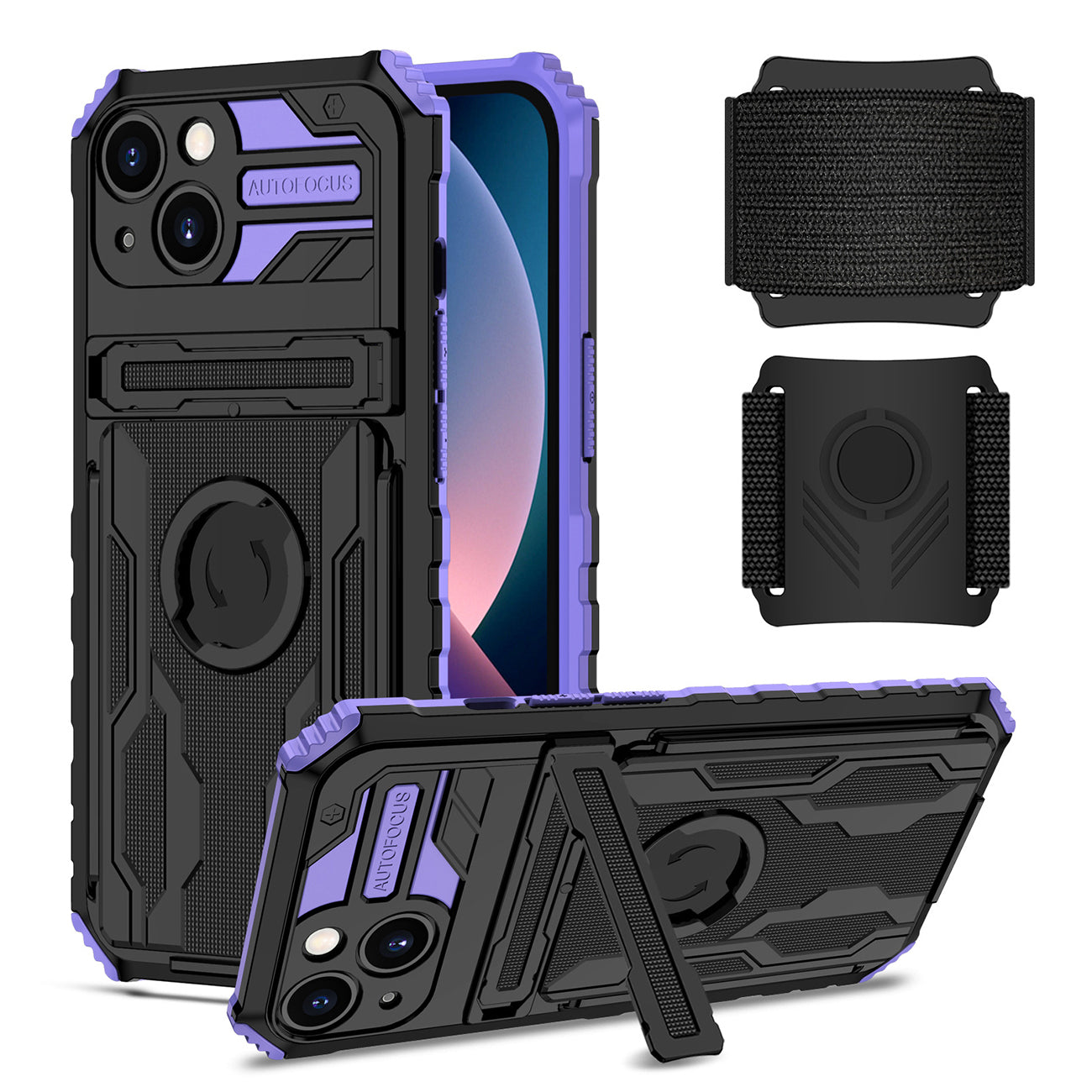 High Elastic Plastic iPhone 13 Case with Kickstand, Sports Mobile Wristband and Card Slot in Purple – view 2
