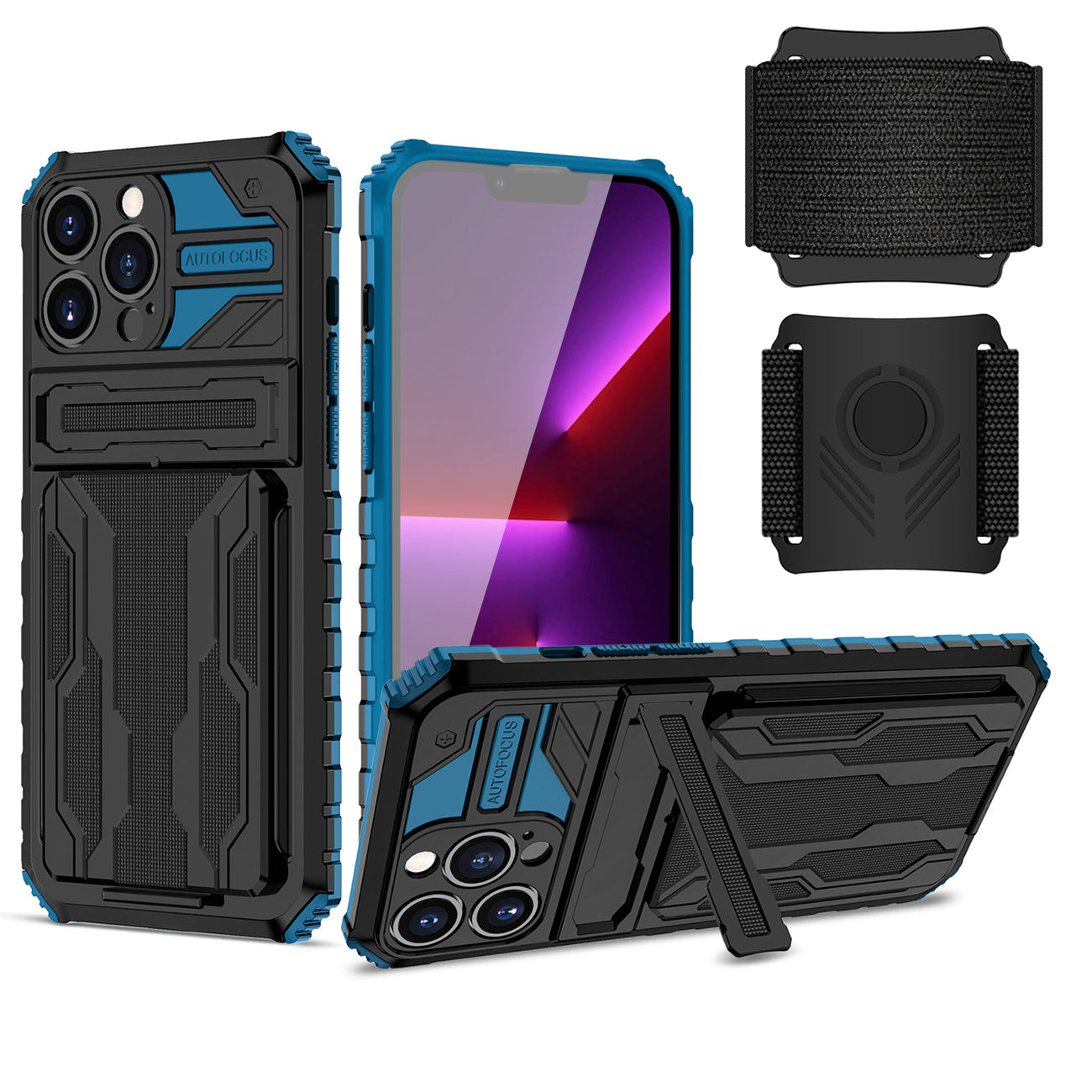 High Elastic Plastic iPhone 13 Pro Case with Kickstand, Sports Mobile Wristband and Card Slot in Blue