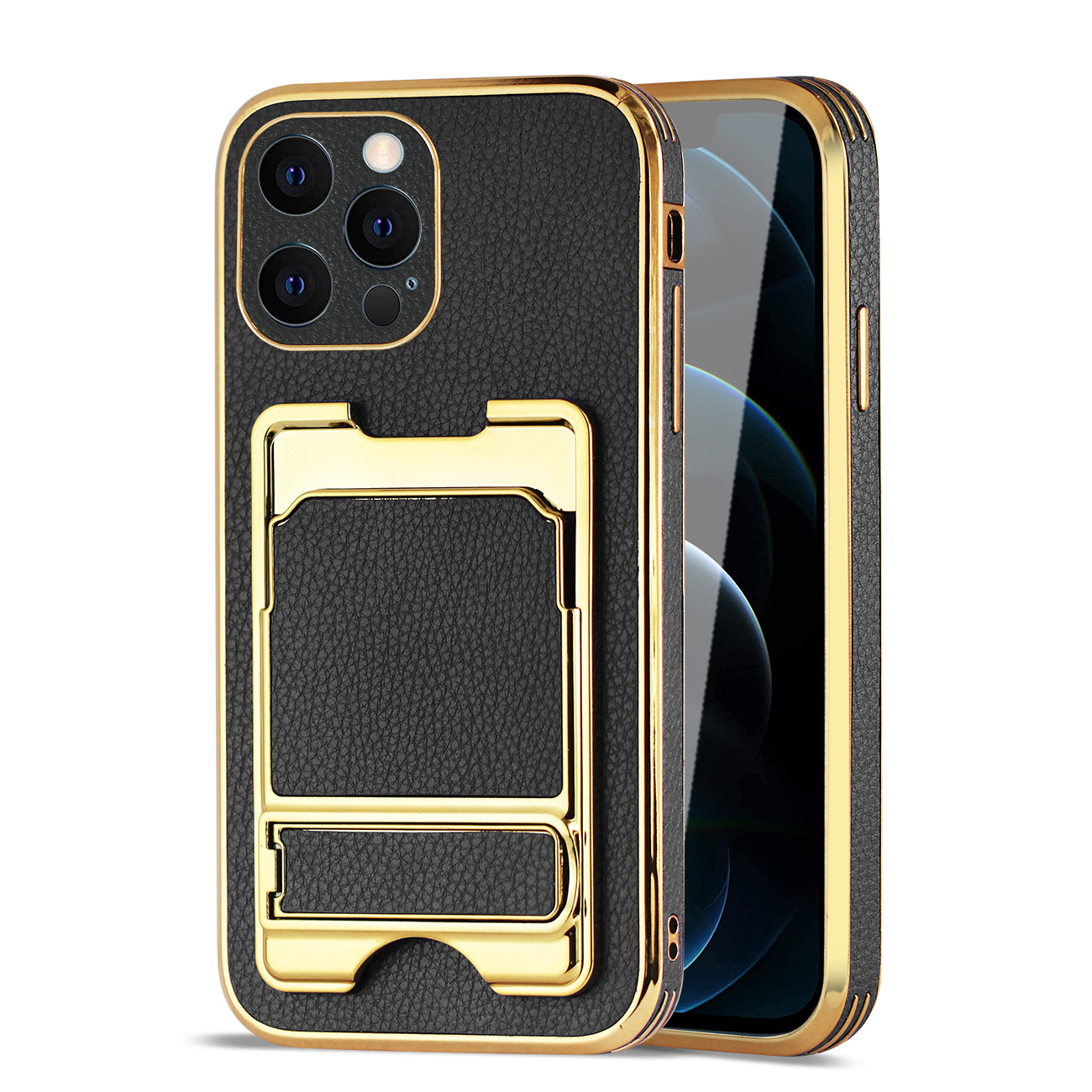 Reiko iPhone 12 Max Leather Case with Card Holder in Black