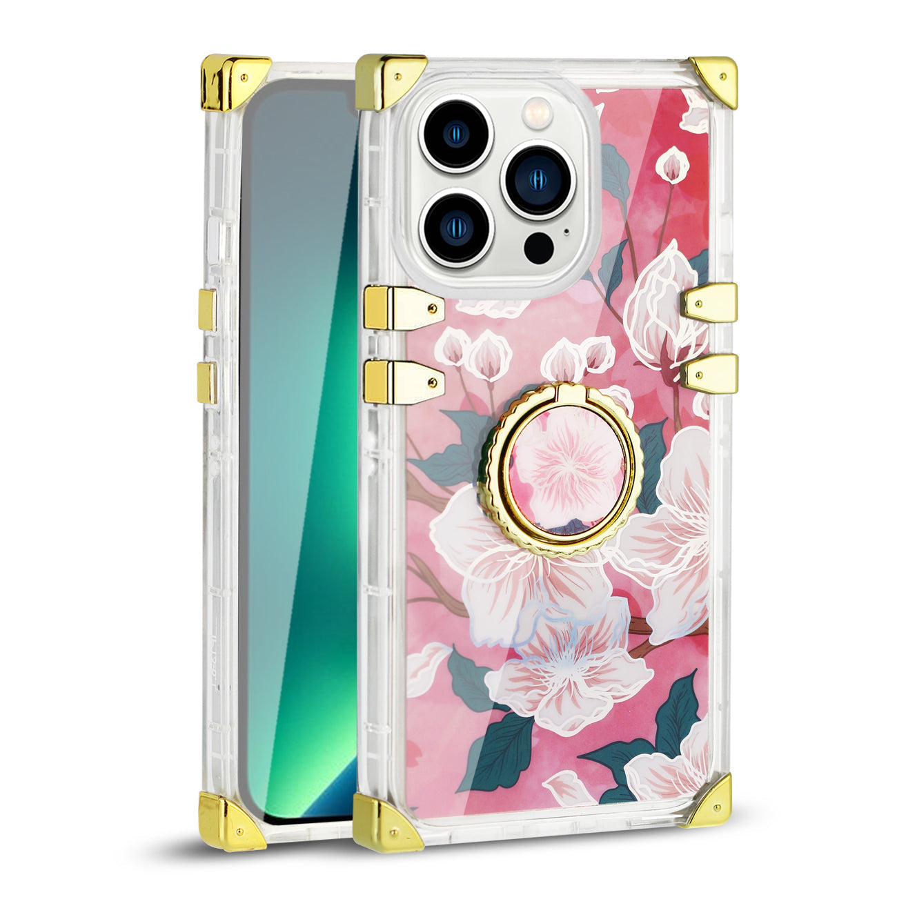 Reiko iPhone 13 Floral Print Case with Ring Holder in Hot Pink – view 2