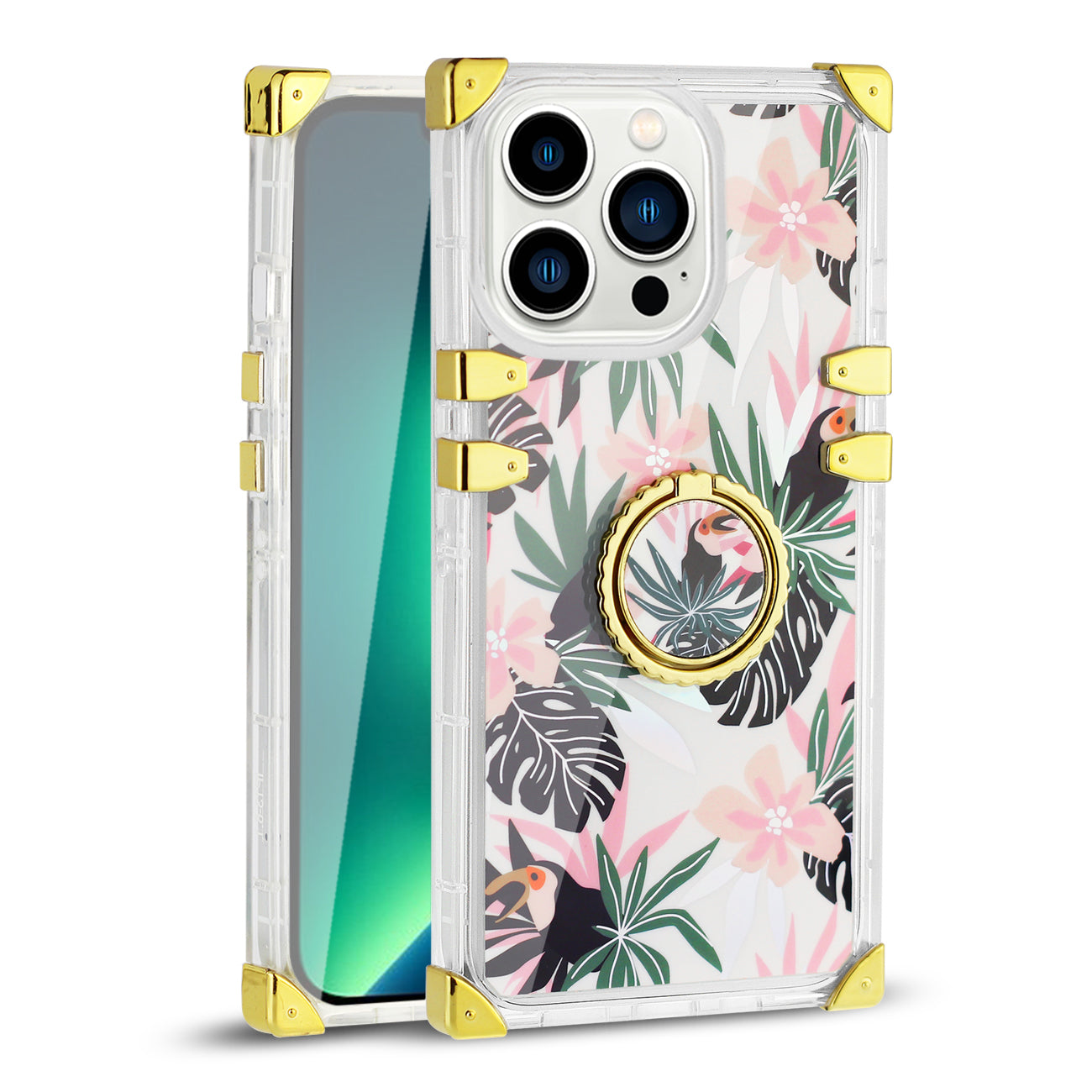 Reiko iPhone 13 Floral Print Case with Ring Holder in Pink