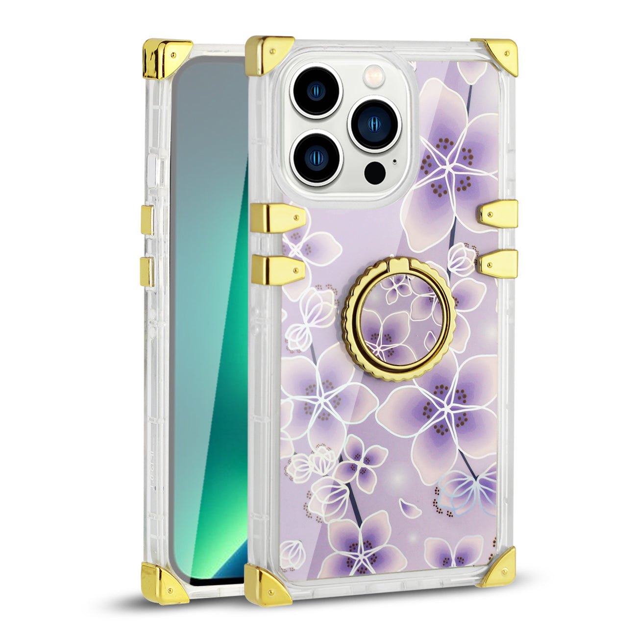 Reiko iPhone 13 Pro Floral Print Case with Ring Holder in Purple