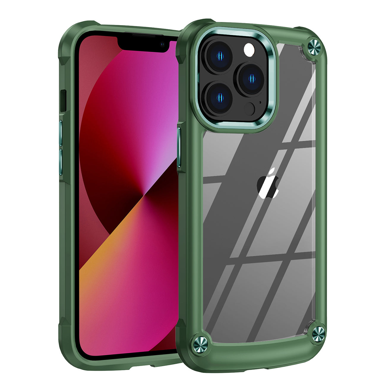 High Quality Clean PC,TPU and Metal Bumper Case For iPhone 13 Pro in Green