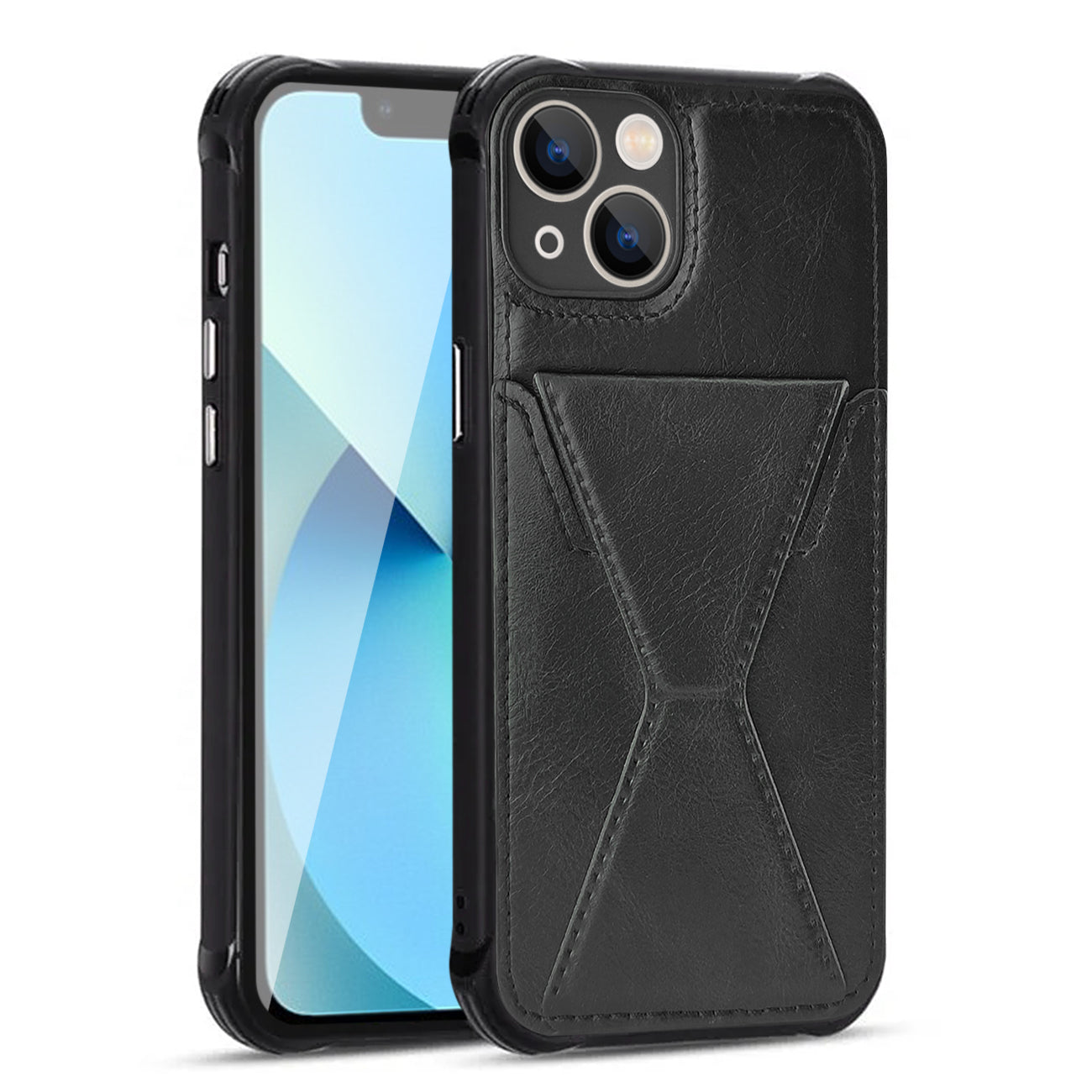 TPU Leather Phone Case for Apple iPhone 13 with Card Holder Strap in Black – view 2