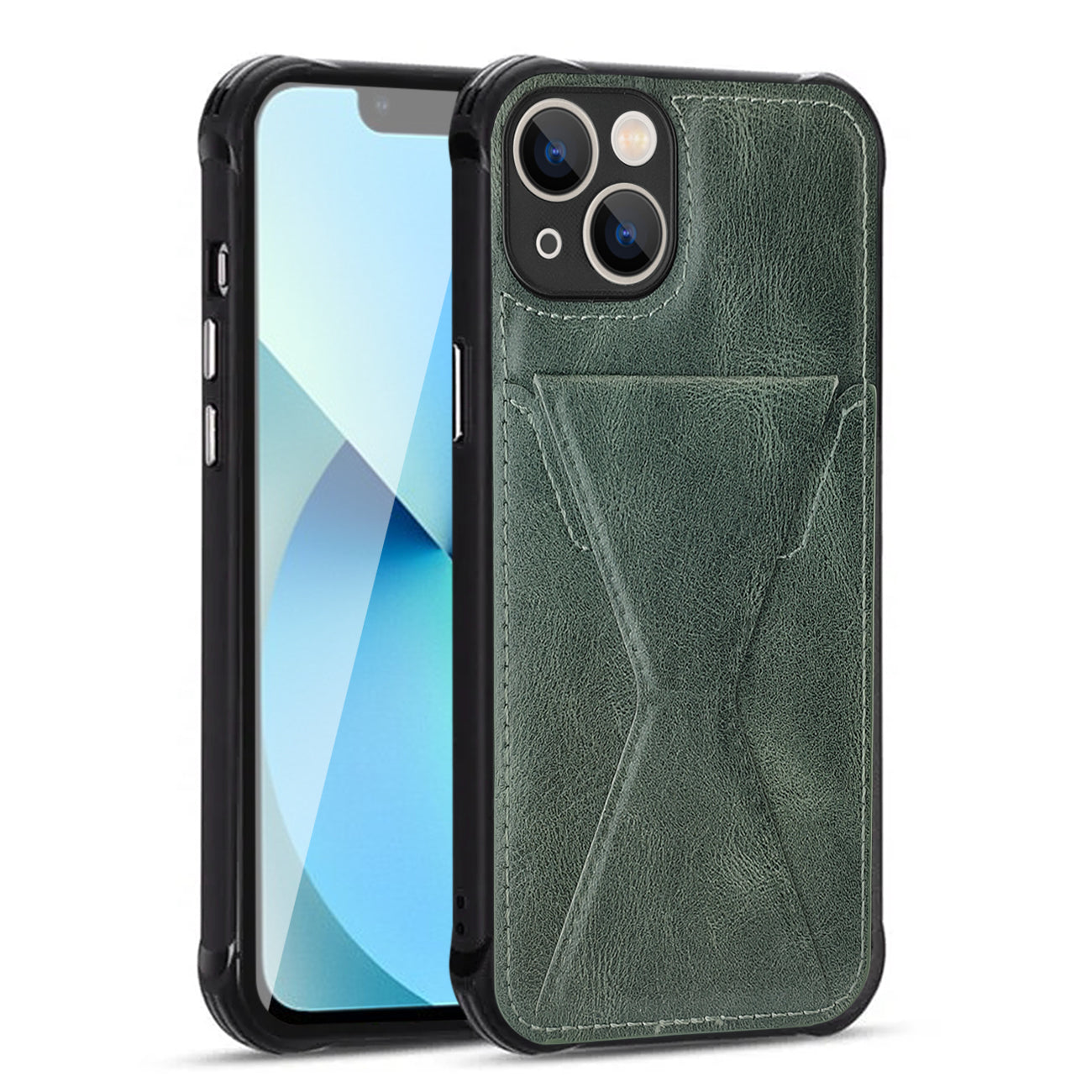TPU Leather Phone Case for Apple iPhone 13 with Card Holder Strap in Green – view 2