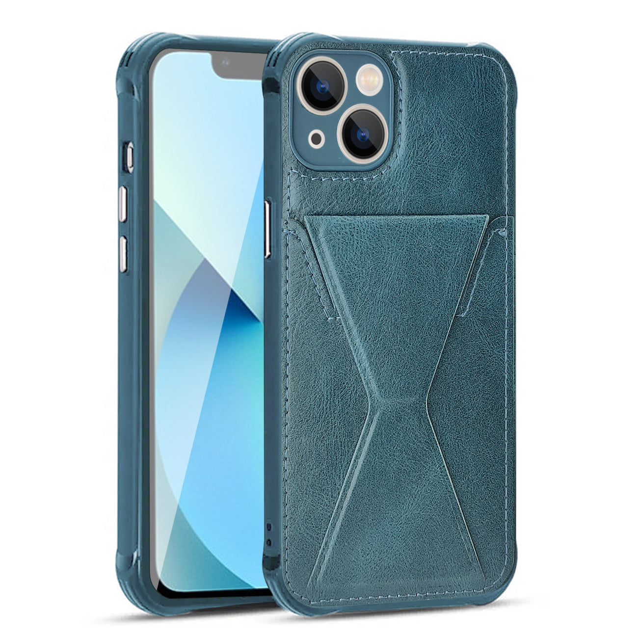 TPU Leather Phone Case for Apple iPhone 13 with Card Holder Strap in Navy – view 2