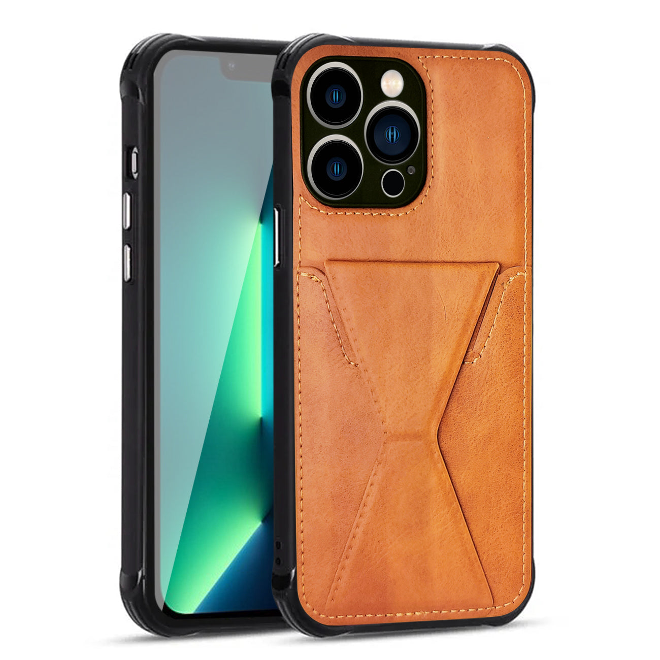 TPU Leather Phone Case for Apple iPhone 13 Pro with Card Holder Strap in Brown – view 2