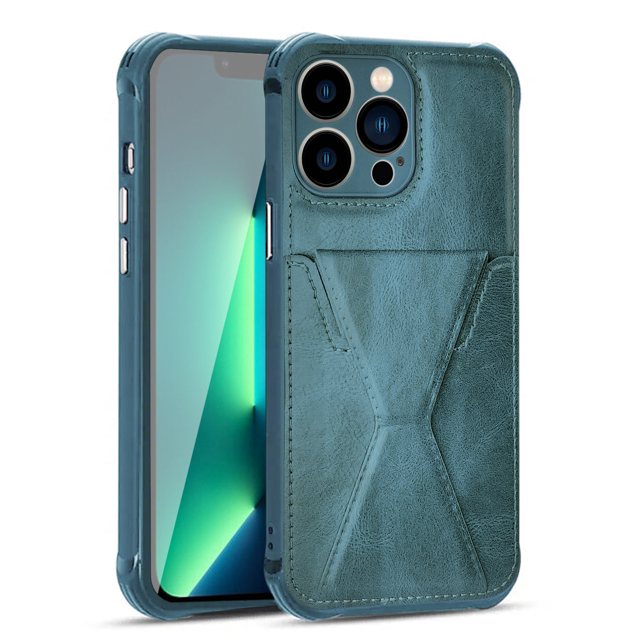 TPU Leather Phone Case for Apple iPhone 13 Pro with Card Holder Strap in Navy – view 2