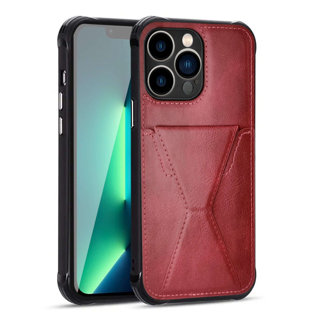 TPU Leather Phone Case for Apple iPhone 13 Pro with Card Holder Strap in Red – view 2