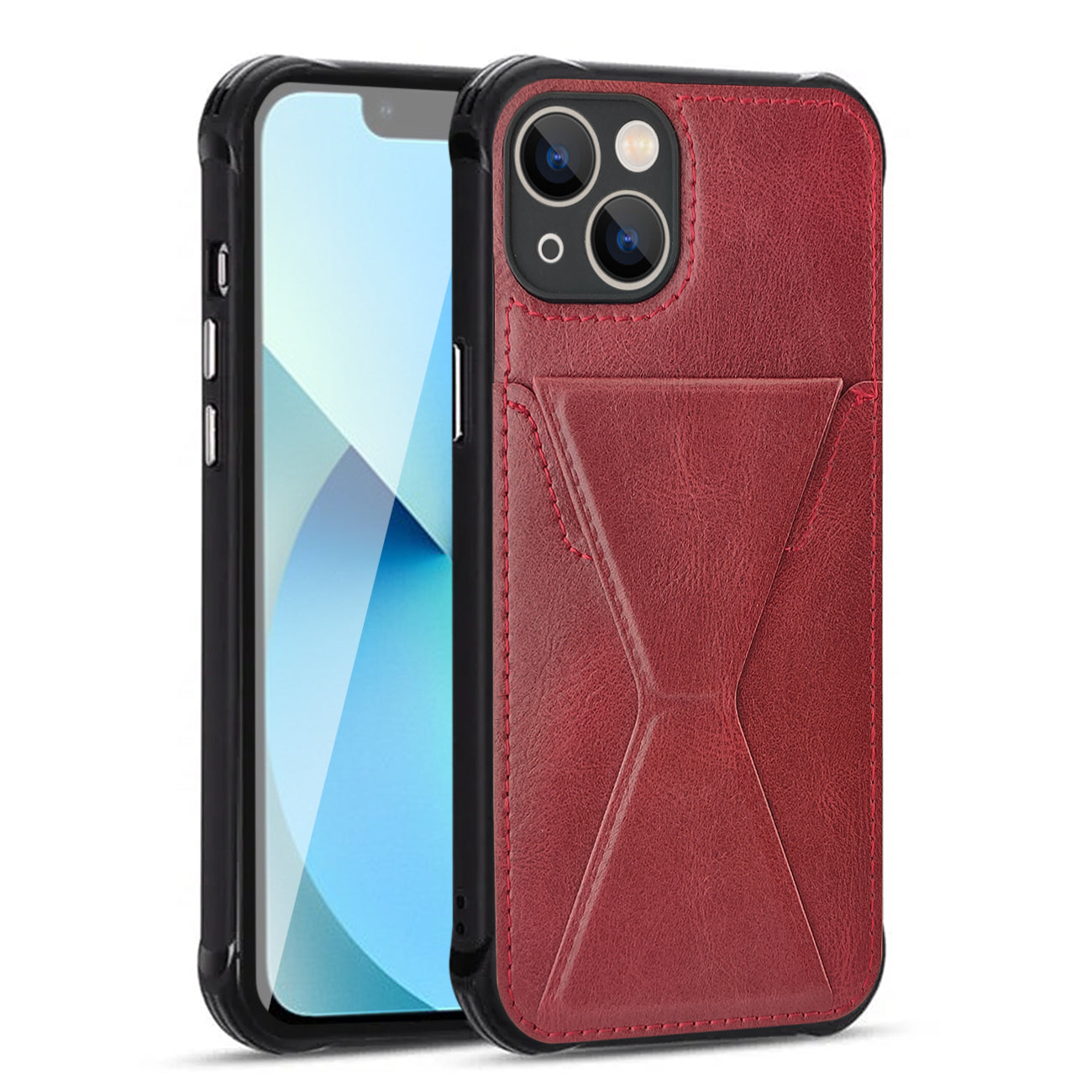 TPU Leather Phone Case for Apple iPhone 13 with Card Holder Strap in Red