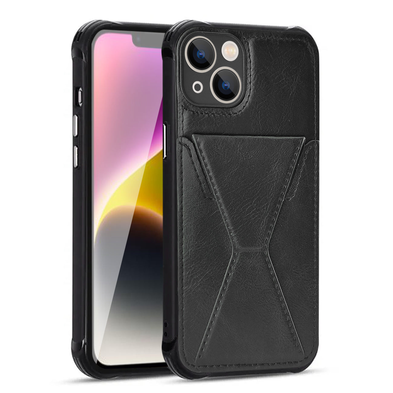 TPU Leather Phone Case for Apple iPhone 14 with Card Holder Strap in Black – view 2