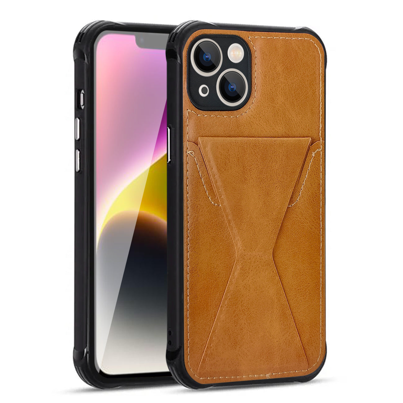 TPU Leather Phone Case for Apple iPhone 14 Plus with Card Holder Strap in Brown