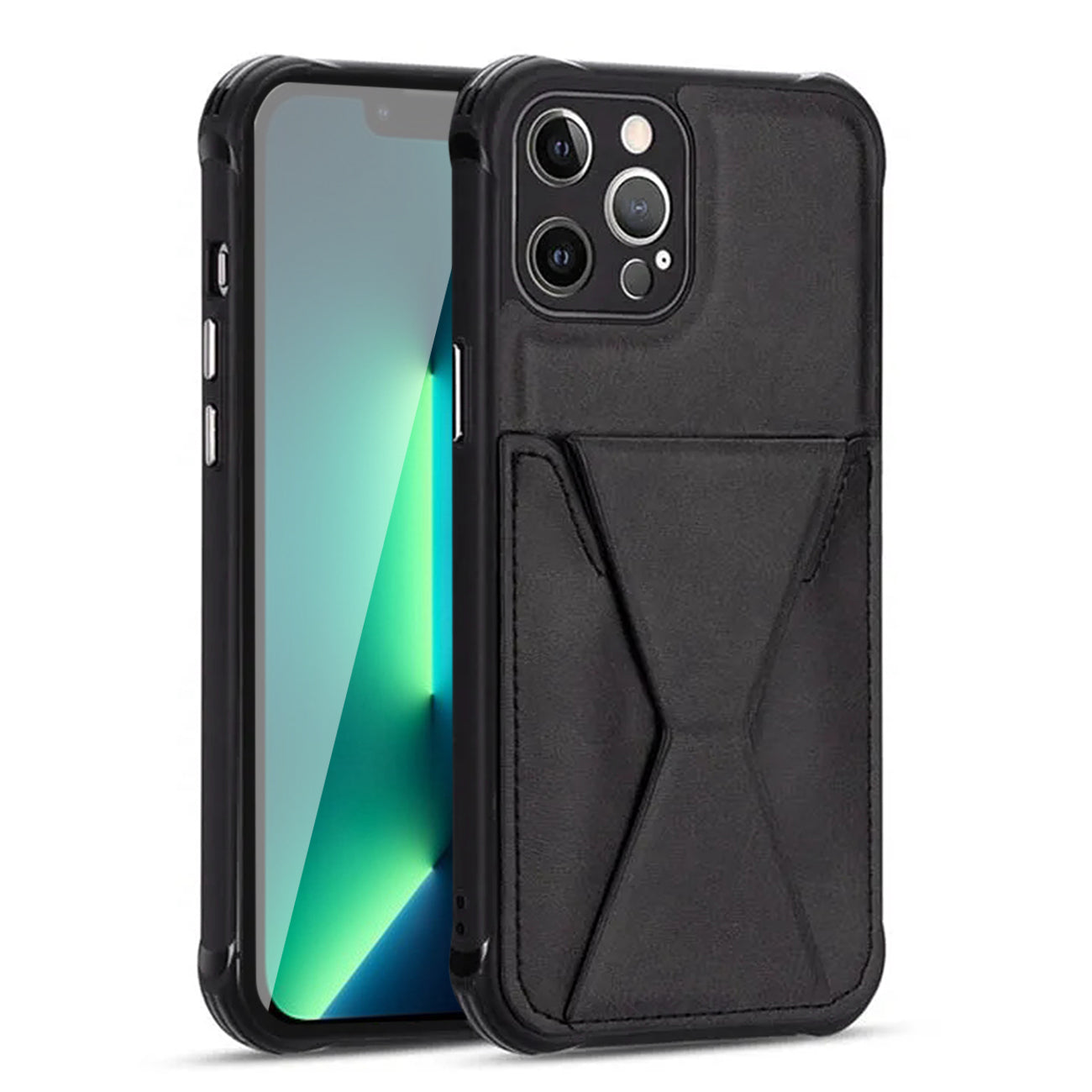 TPU Leather Phone Case for Apple iPhone 14 Pro with Card Holder Strap in Black