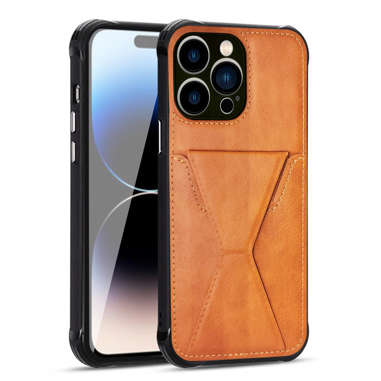 TPU Leather Phone Case for Apple iPhone 14 Pro with Card Holder Strap in Brown – view 2