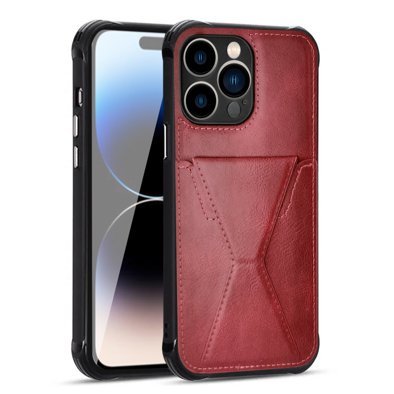 TPU Leather Phone Case for Apple iPhone 14 Pro with Card Holder Strap in Red – view 2
