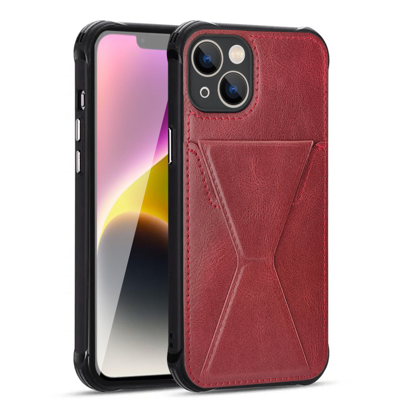 TPU Leather Phone Case for Apple iPhone 14 with Card Holder Strap in Red – view 2