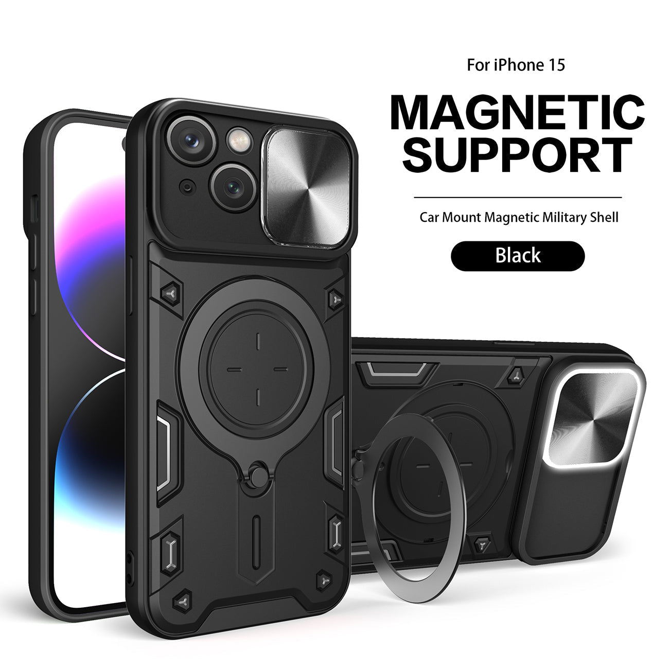 TPU PC Shockproof Magnetic Phone Case with Free Adjustment Ring Holder for iPhone 15 in Black – view 2