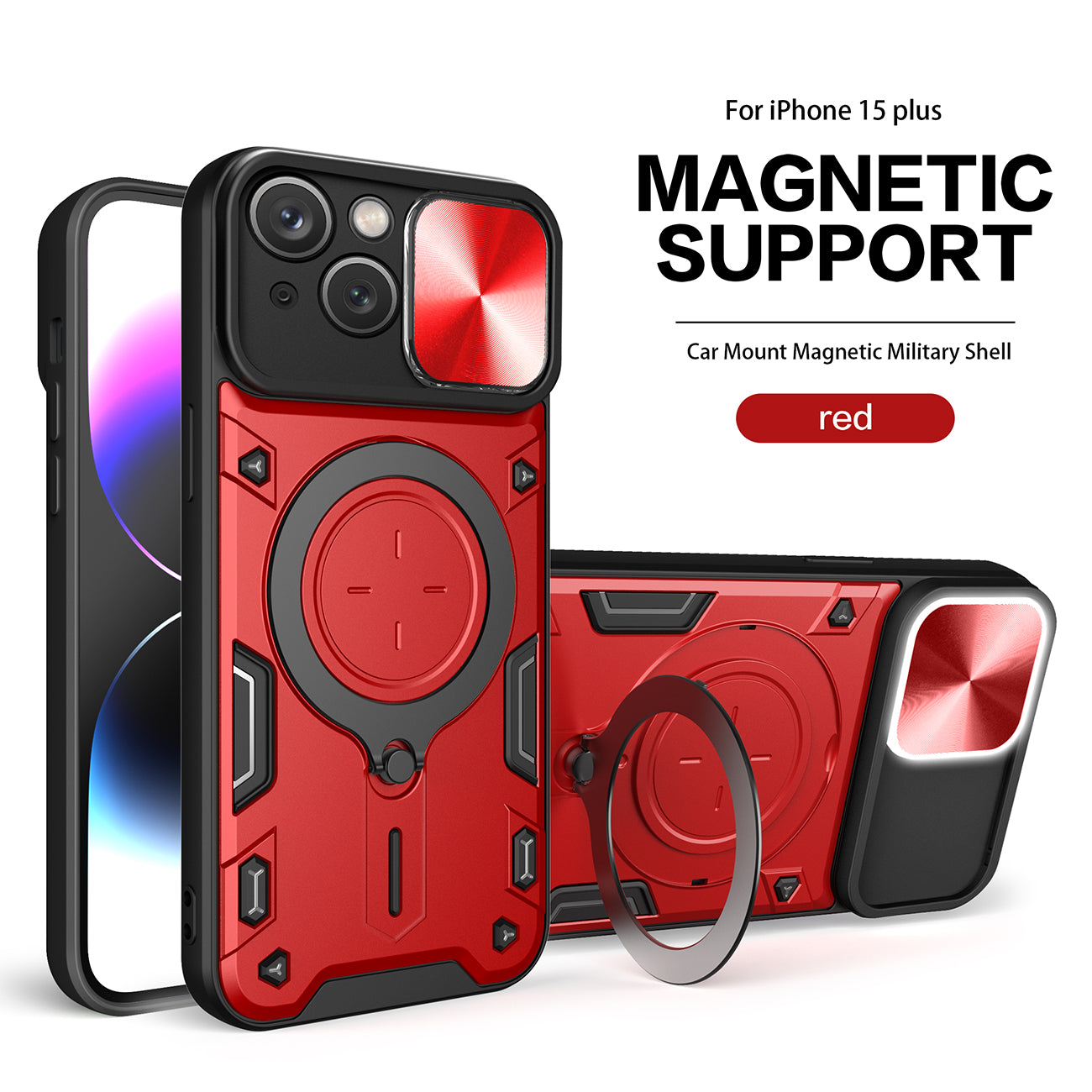 TPU PC Shockproof Magnetic Phone Case with Free Adjustment Ring Holder for iPhone 15 Plus in Red