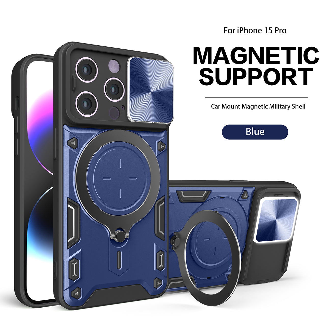TPU PC Shockproof Magnetic Phone Case with Free Adjustment Ring Holder for iPhone 15 Pro in Blue