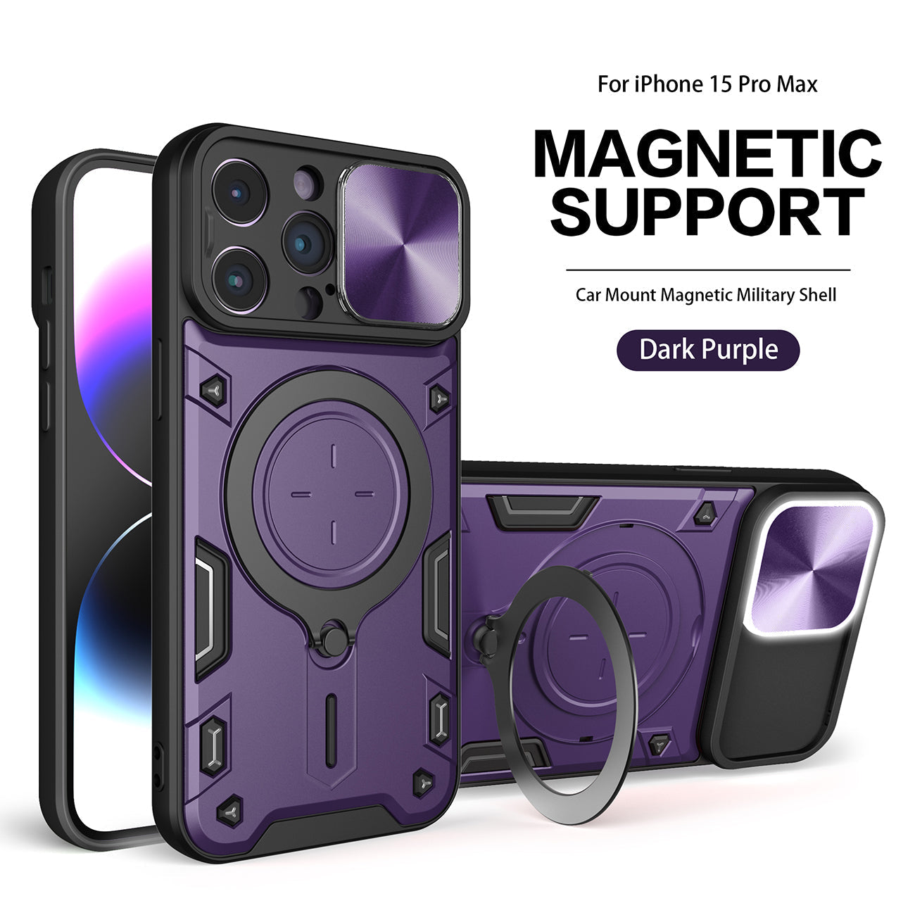 TPU PC Shockproof Magnetic Phone Case with Ring Holder for iPhone 15 Pro Max in Purple – view 2