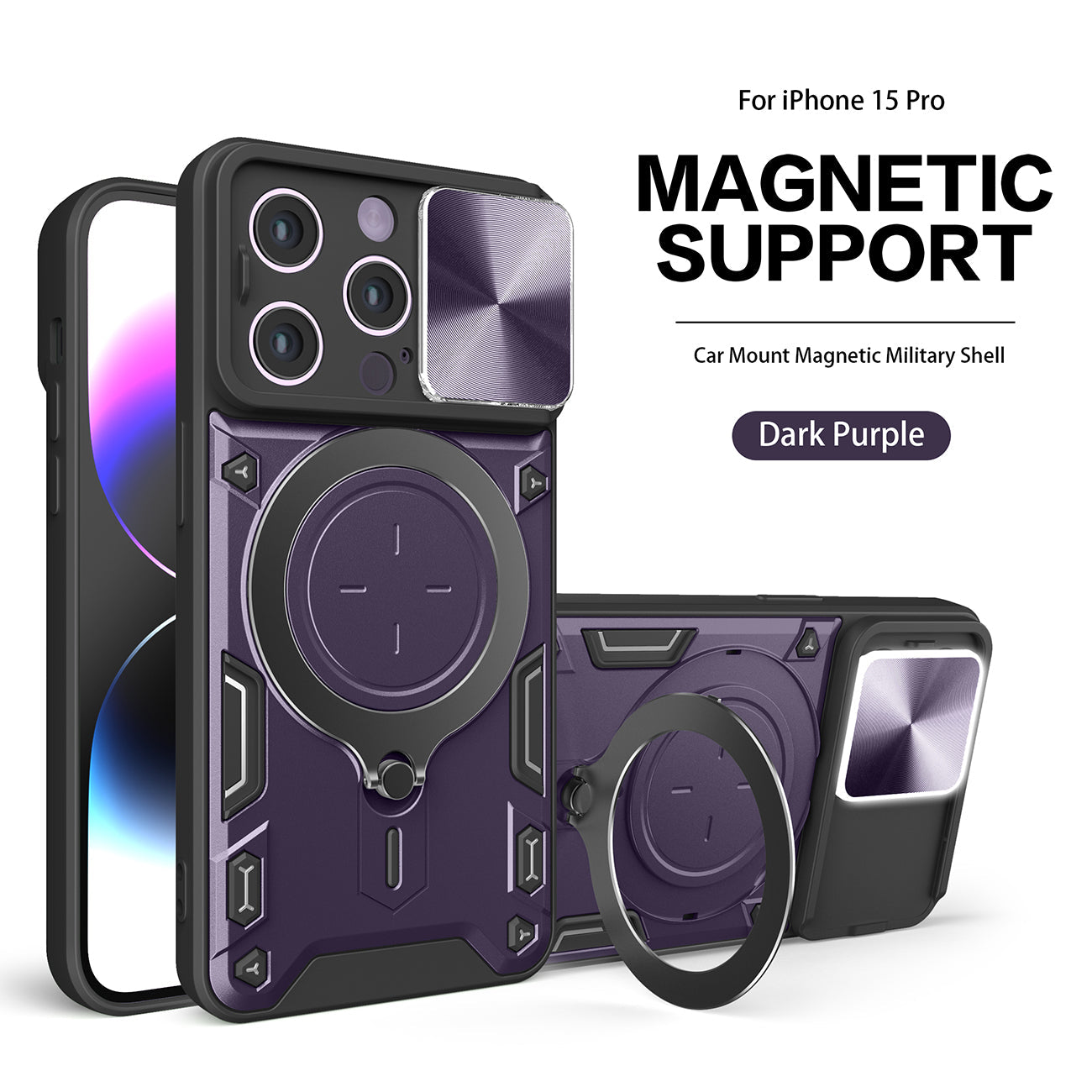 TPU PC Shockproof Magnetic Phone Case with Free Adjustment Ring Holder for iPhone 15 Pro in Purple – view 2