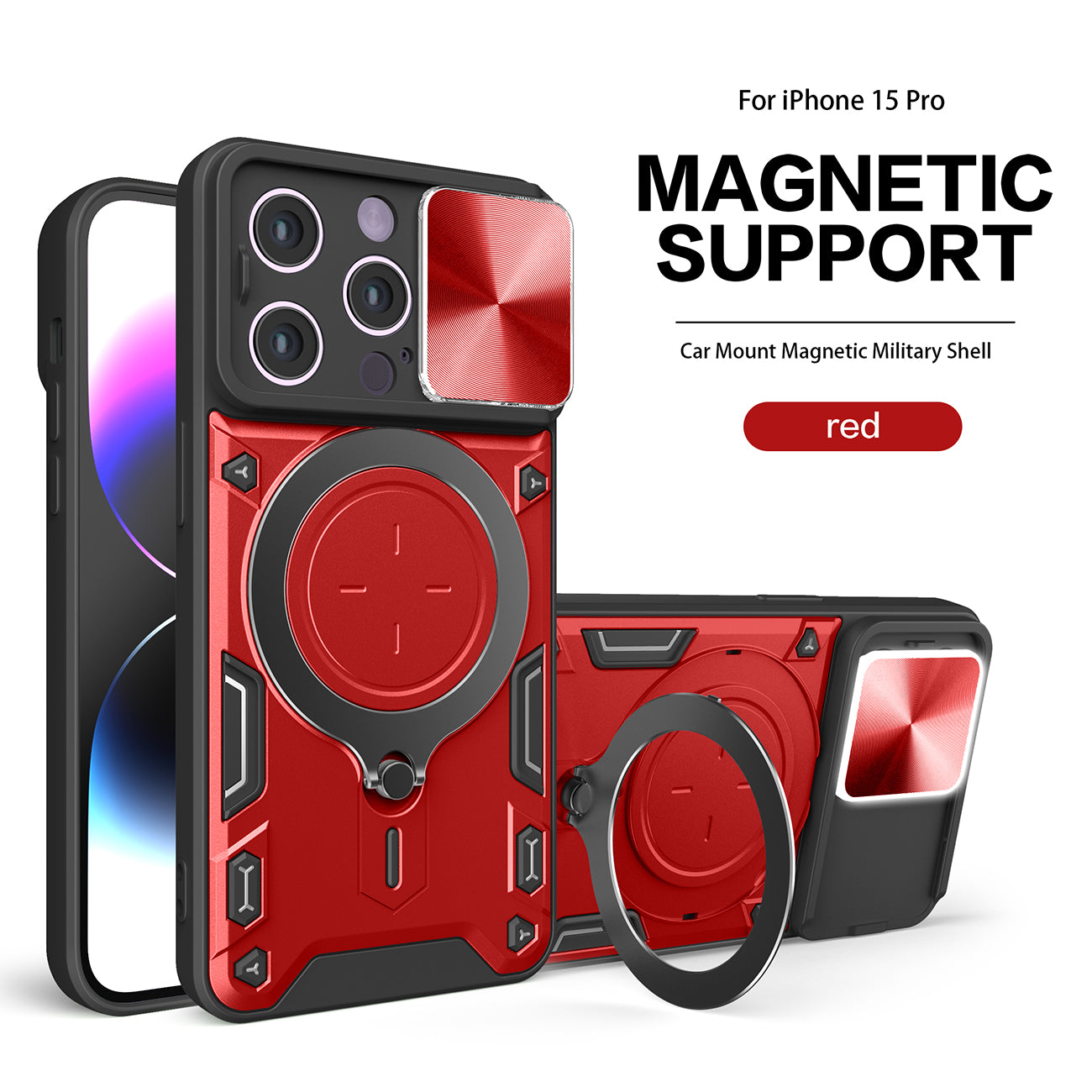 TPU PC Shockproof Magnetic Phone Case with Free Adjustment Ring Holder for iPhone 15 Pro in Red